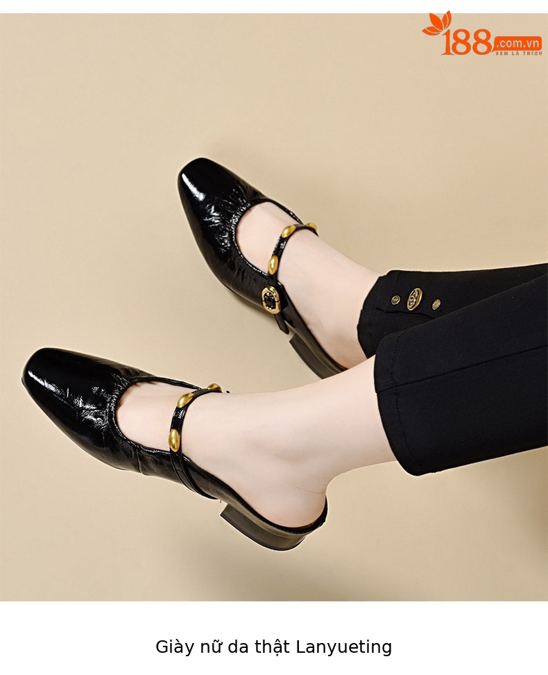 Dép sandal nữ da thật mũi vuông gót thấp phong cách Pháp — màu đen chi tiết 5