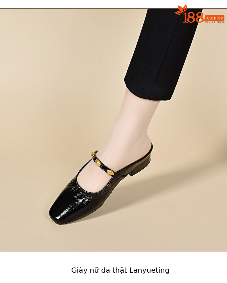 Dép sandal nữ da thật mũi vuông gót thấp phong cách Pháp — màu đen chi tiết 7