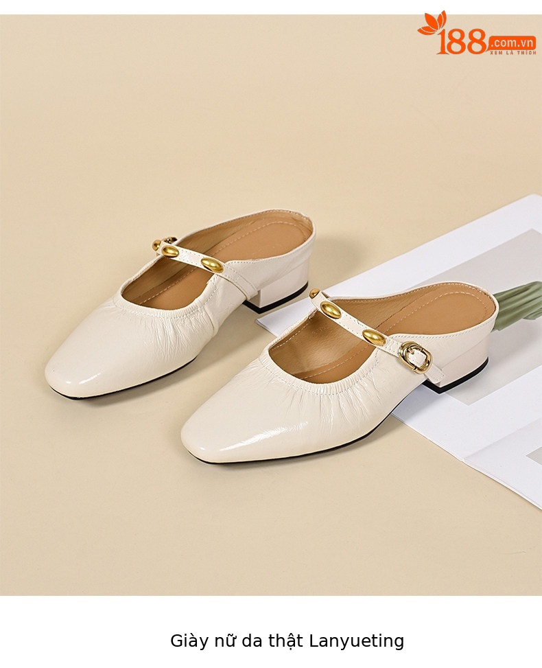 Dép sandal nữ da thật mũi vuông gót thấp phong cách Pháp — màu đen chi tiết 8