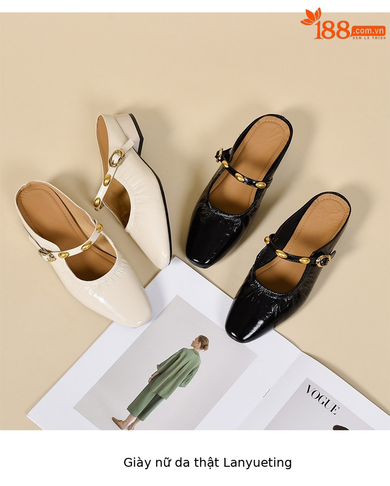 Dép sandal nữ da thật mũi vuông gót thấp phong cách Pháp — màu đen chi tiết 9