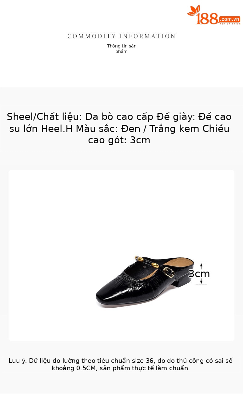 Dép sandal nữ da thật mũi vuông gót thấp phong cách Pháp — màu đen chi tiết 1