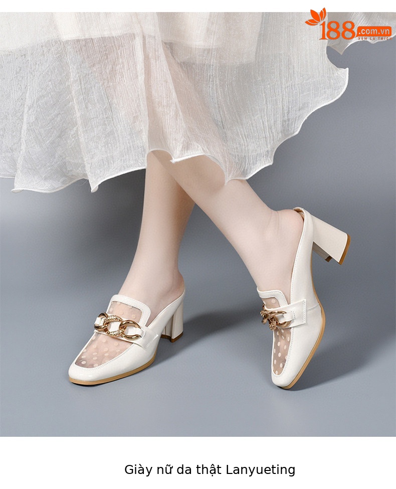 Dép sandal nữ mũi kín lưới thoáng khí gót thô 4 cm phong cách Anh — Màu trắng gạo - 4 cm chi tiết 5