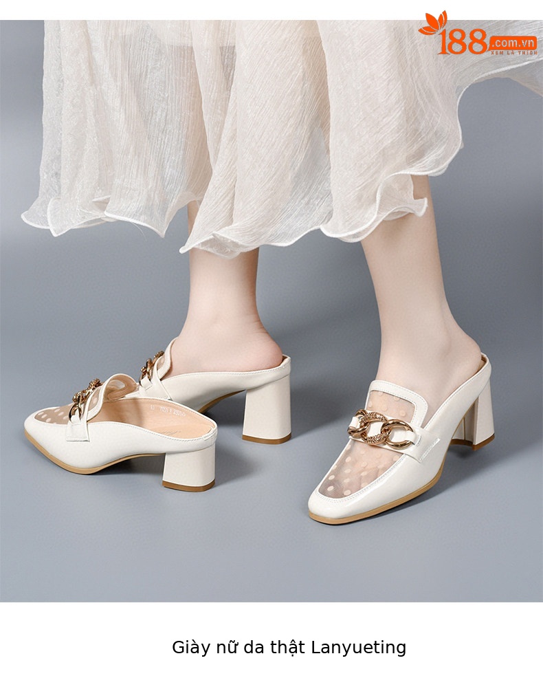 Dép sandal nữ mũi kín lưới thoáng khí gót thô 4 cm phong cách Anh — Màu trắng gạo - 4 cm chi tiết 7