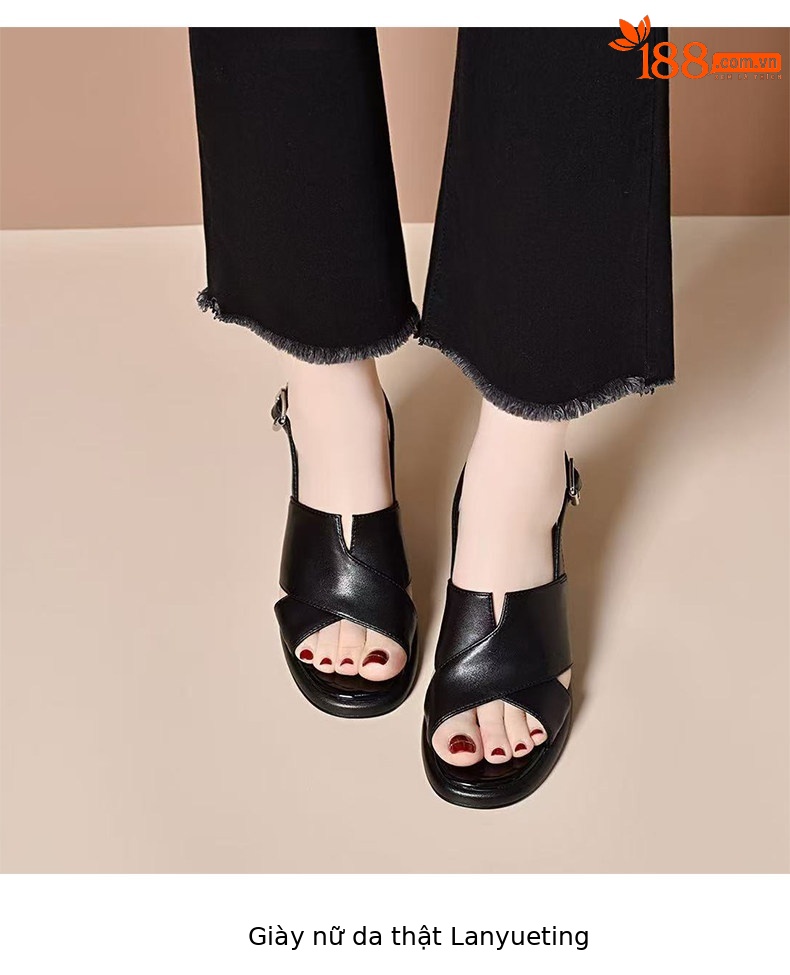 Sandal cao gót nữ mũi hở quai ngang đế platform da PU gót 5 cm — Màu trắng gạo - 5cm chi tiết 6