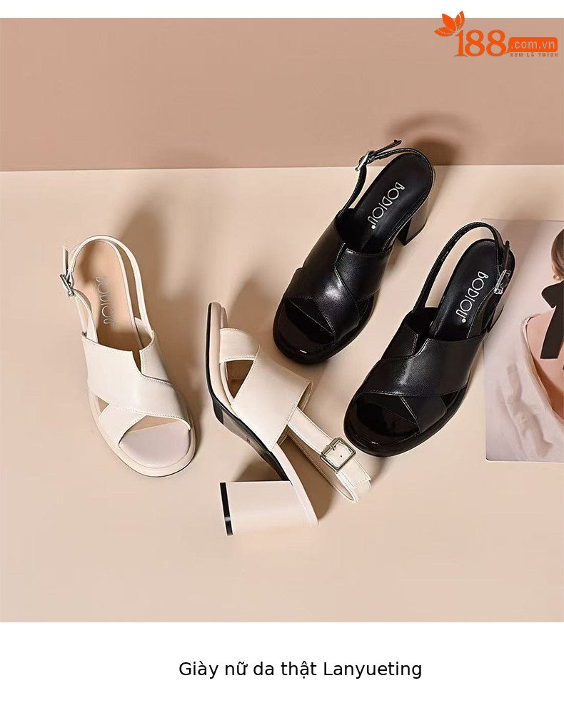 Sandal cao gót nữ mũi hở quai ngang đế platform da PU gót 5 cm — Màu trắng gạo - 5cm chi tiết 9