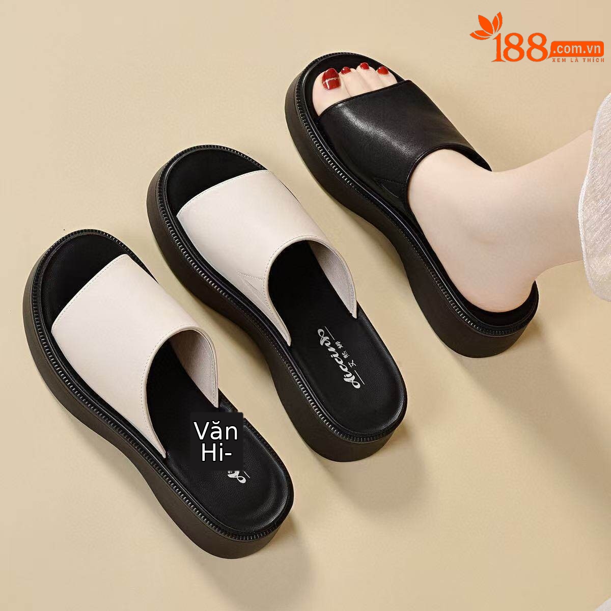 Dép sandal nữ quai chữ V đế dày da thật, mũi hở, chống trượt — màu đen