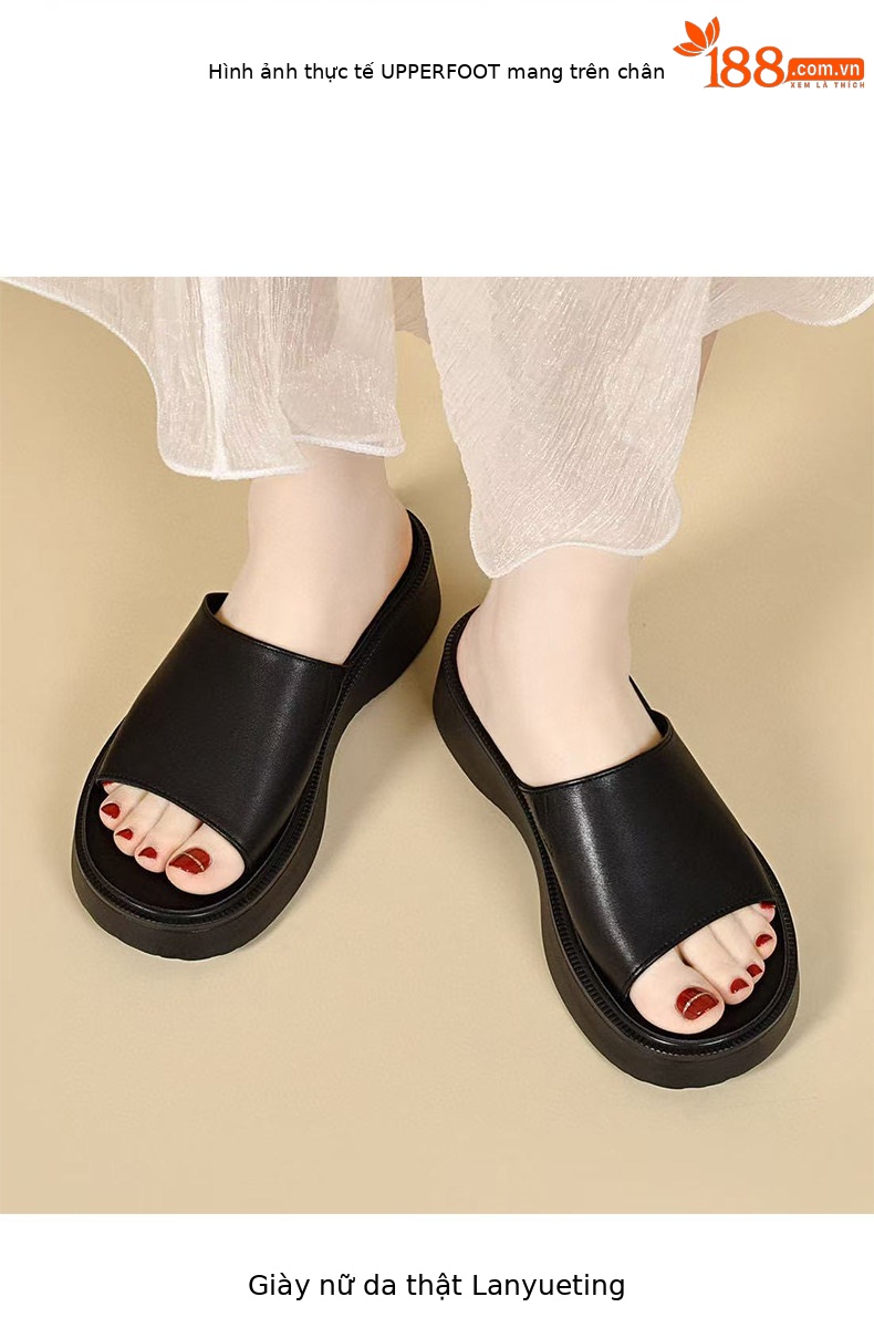 Dép sandal nữ quai chữ V đế dày da thật, mũi hở, chống trượt — màu đen chi tiết 3
