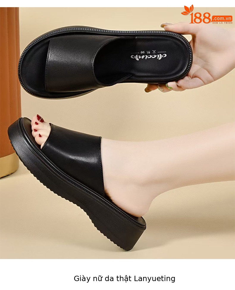 Dép sandal nữ quai chữ V đế dày da thật, mũi hở, chống trượt — màu đen chi tiết 5