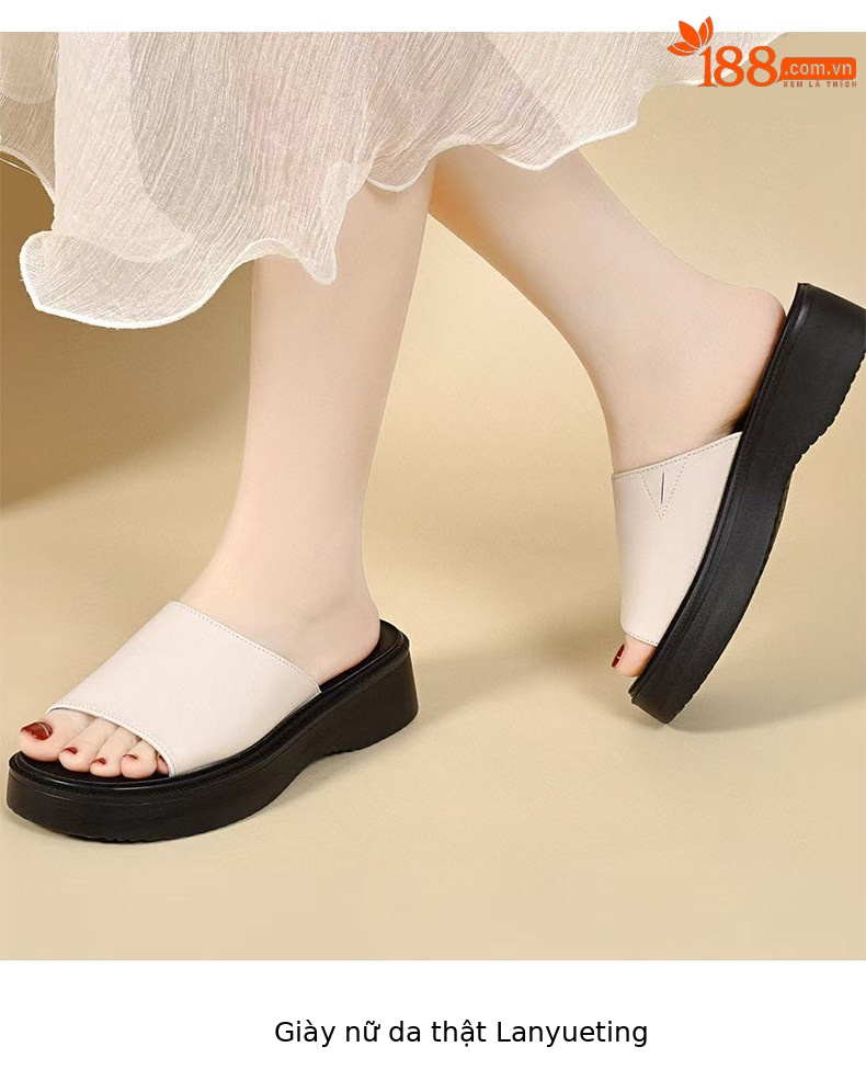 Dép sandal nữ quai chữ V đế dày da thật, mũi hở, chống trượt — màu đen chi tiết 7