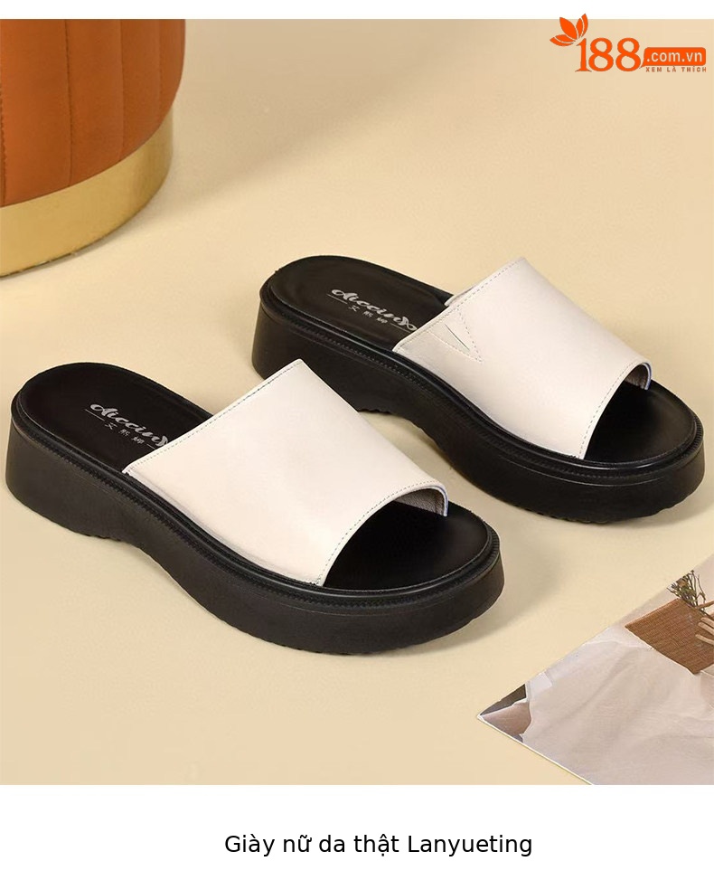 Dép sandal nữ quai chữ V đế dày da thật, mũi hở, chống trượt — màu đen chi tiết 8