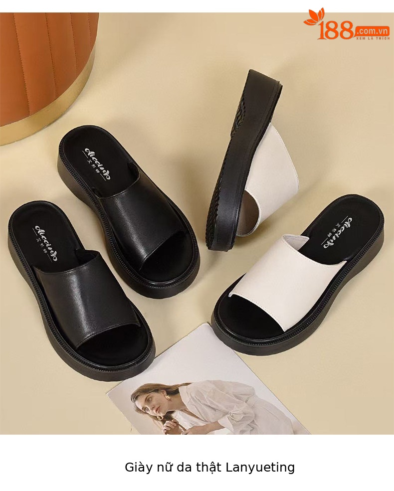 Dép sandal nữ quai chữ V đế dày da thật, mũi hở, chống trượt — màu đen chi tiết 9