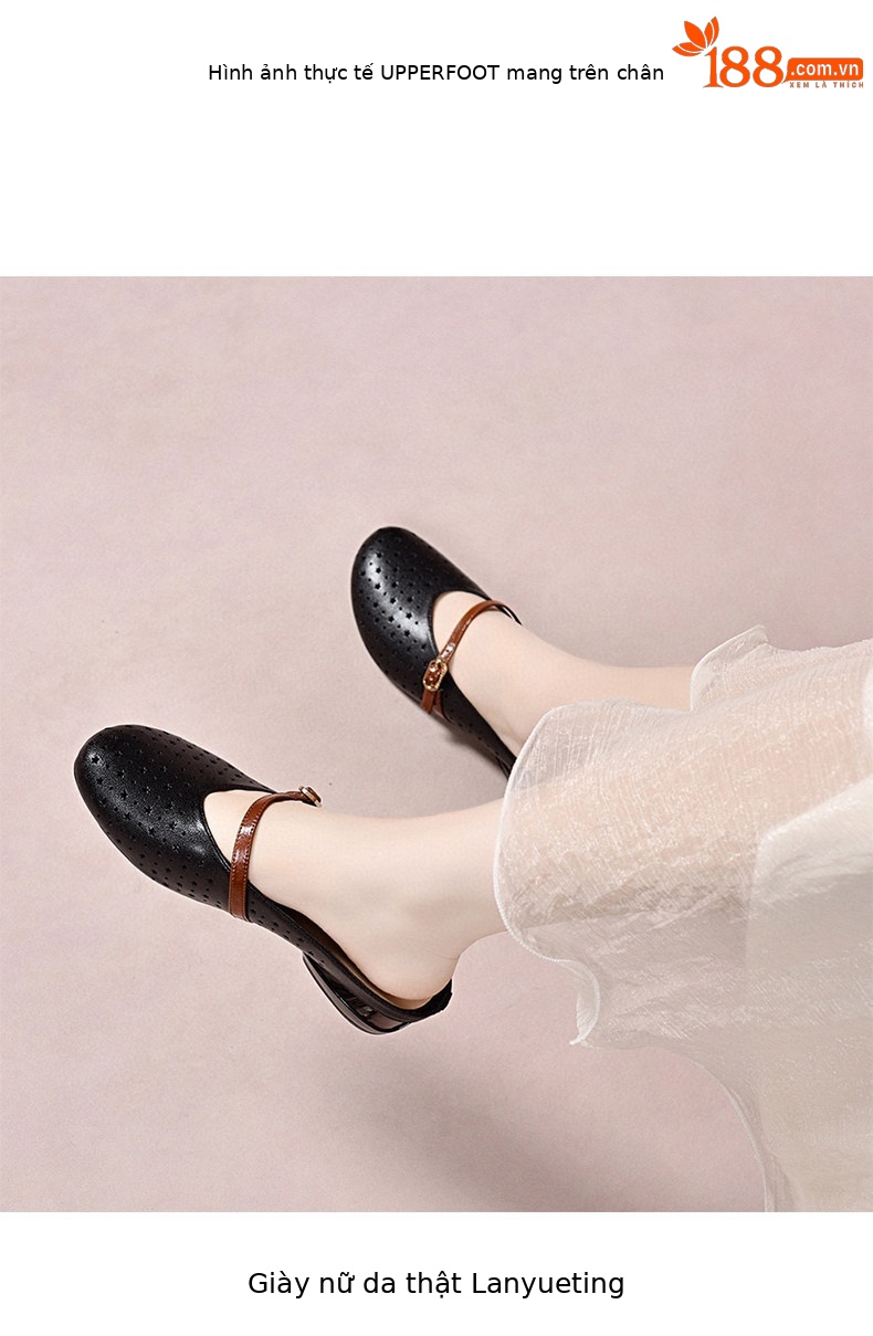 Dép sandal nữ da thật gót thấp mũi tròn hở mũi thoáng khí — màu đen chi tiết 3
