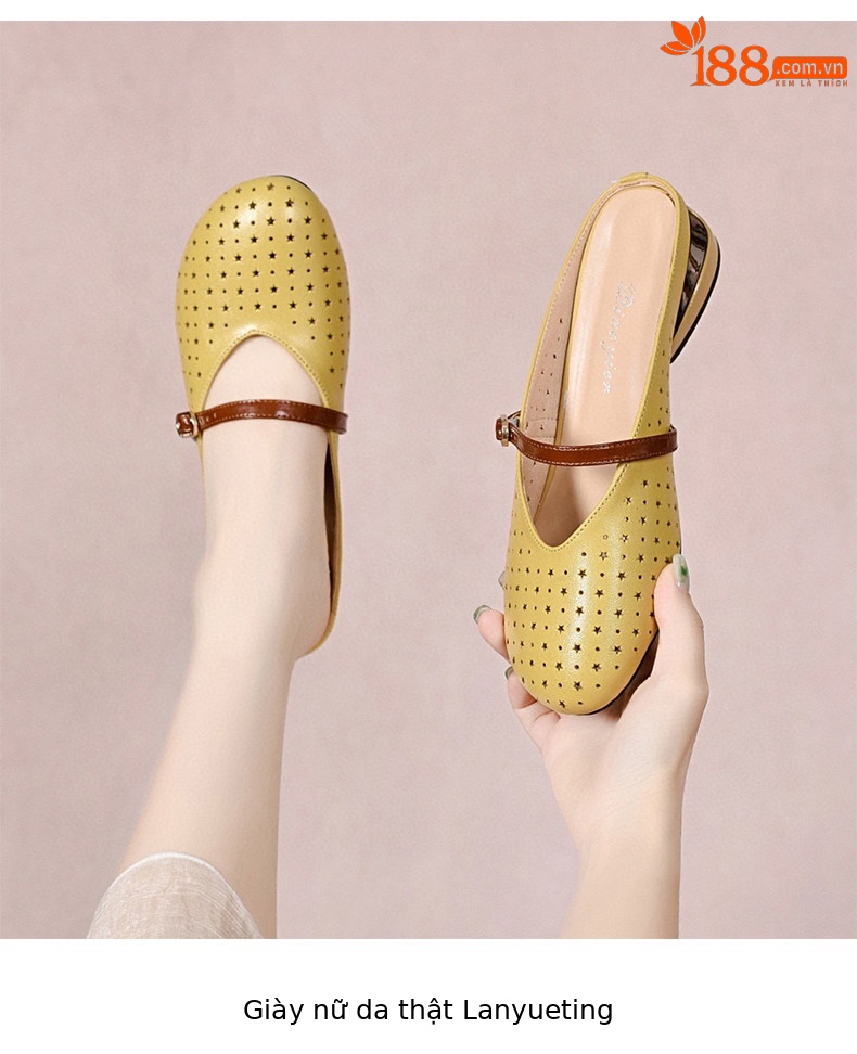 Dép sandal nữ da thật gót thấp mũi tròn hở mũi thoáng khí — màu đen chi tiết 4