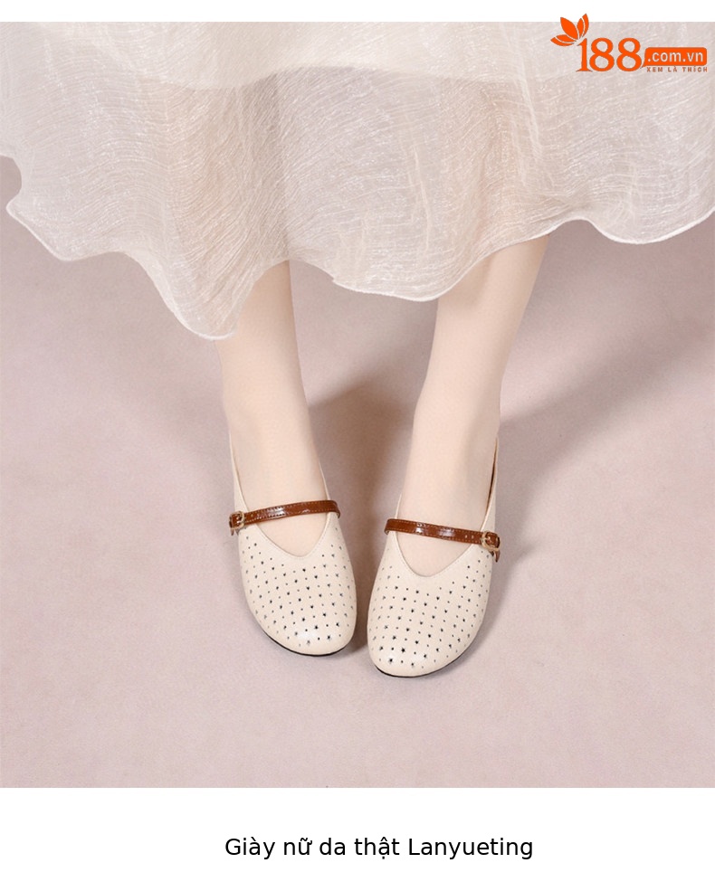 Dép sandal nữ da thật gót thấp mũi tròn hở mũi thoáng khí — màu đen chi tiết 5
