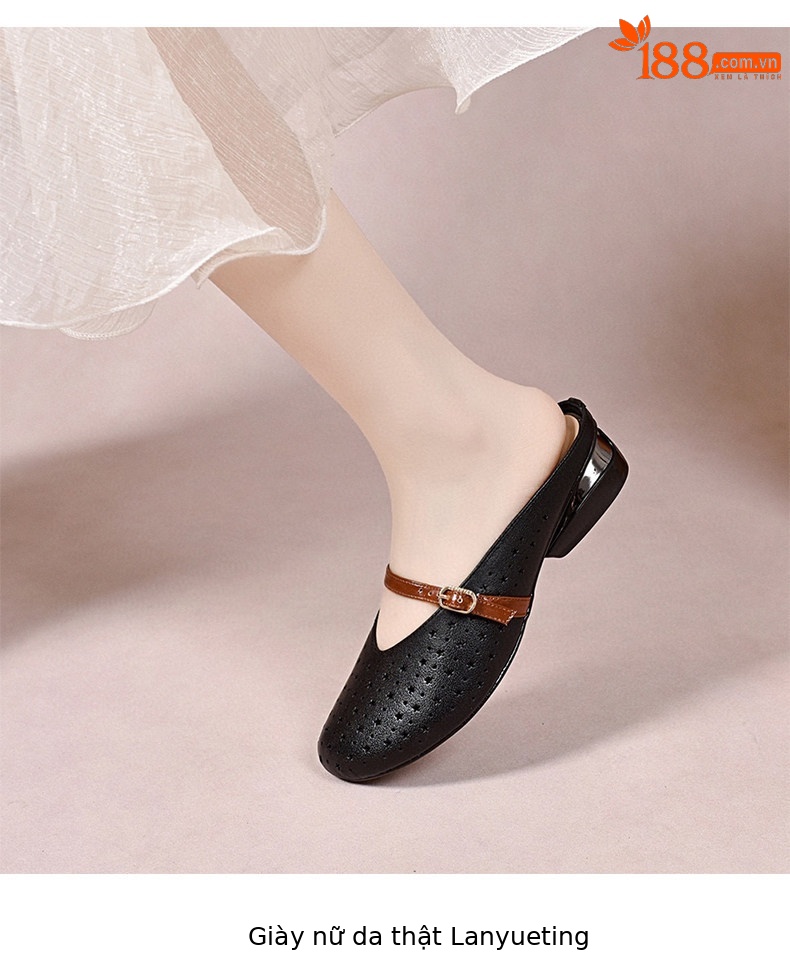 Dép sandal nữ da thật gót thấp mũi tròn hở mũi thoáng khí — màu đen chi tiết 6