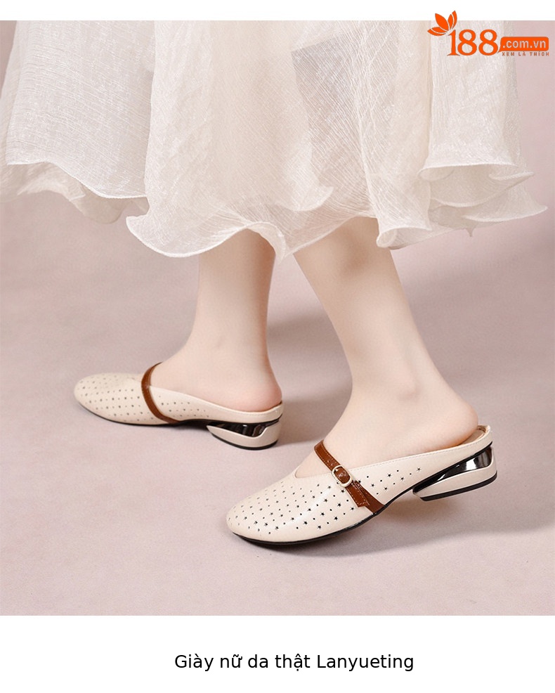 Dép sandal nữ da thật gót thấp mũi tròn hở mũi thoáng khí — màu đen chi tiết 7