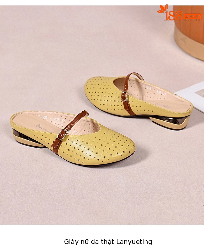 Dép sandal nữ da thật gót thấp mũi tròn hở mũi thoáng khí — màu đen chi tiết 8
