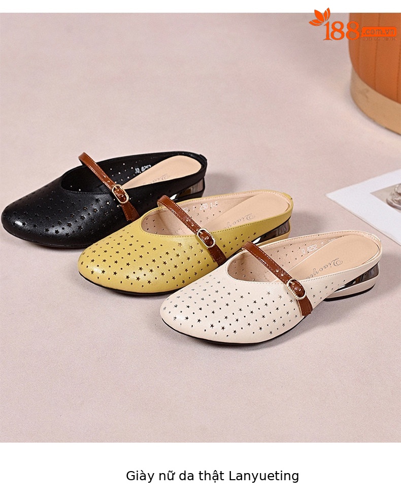 Dép sandal nữ da thật gót thấp mũi tròn hở mũi thoáng khí — màu đen chi tiết 9