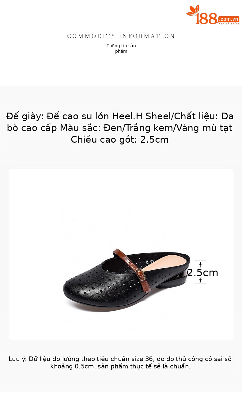 Dép sandal nữ da thật gót thấp mũi tròn hở mũi thoáng khí — màu đen chi tiết 1