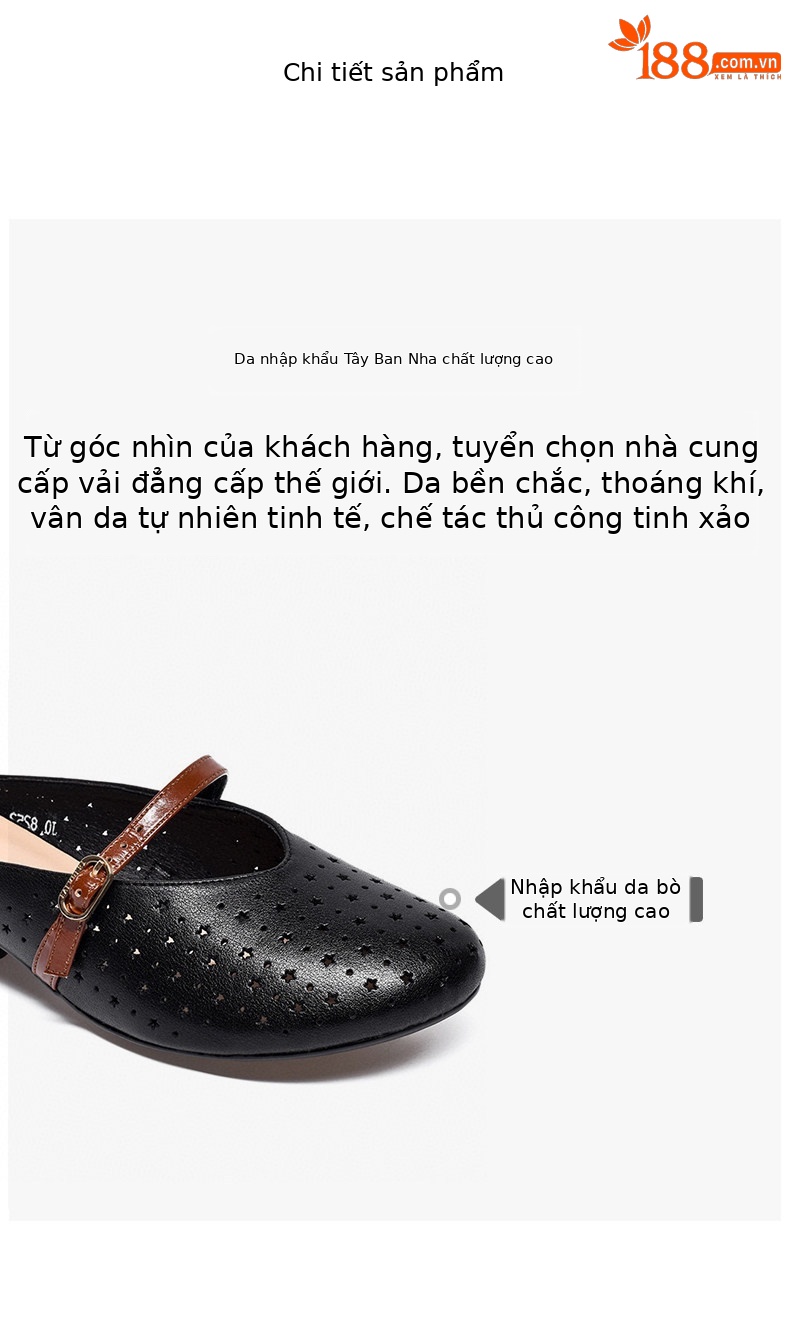 Dép sandal nữ da thật gót thấp mũi tròn hở mũi thoáng khí — màu đen chi tiết 2