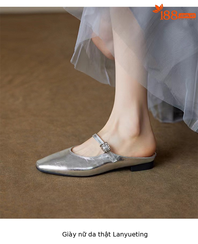 Dép sandal nữ mũi vuông đế bệt da thật phong cách thời trang — màu đen chi tiết 6