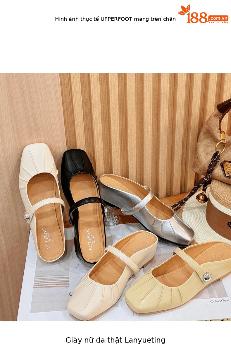 Giày mule nữ da thật mũi vuông gót thấp quai ngang hở gót — màu đen chi tiết 1
