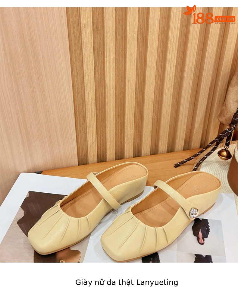 Giày mule nữ da thật mũi vuông gót thấp quai ngang hở gót — màu đen chi tiết 2