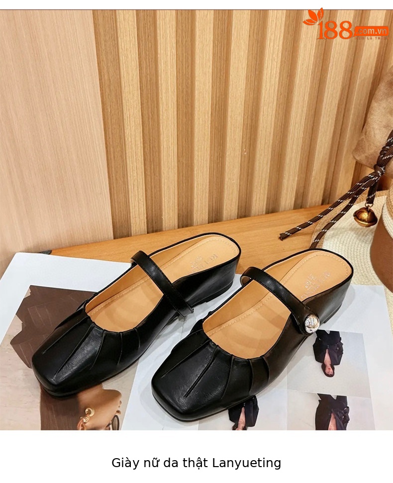 Giày mule nữ da thật mũi vuông gót thấp quai ngang hở gót — màu đen chi tiết 3