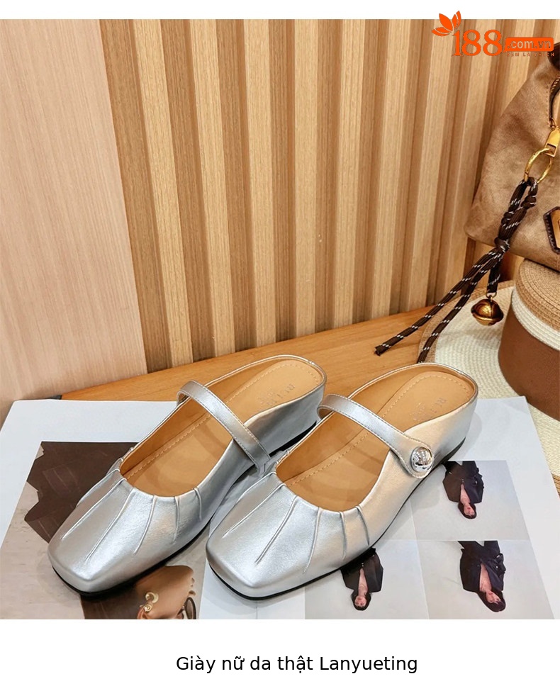 Giày mule nữ da thật mũi vuông gót thấp quai ngang hở gót — màu đen chi tiết 4