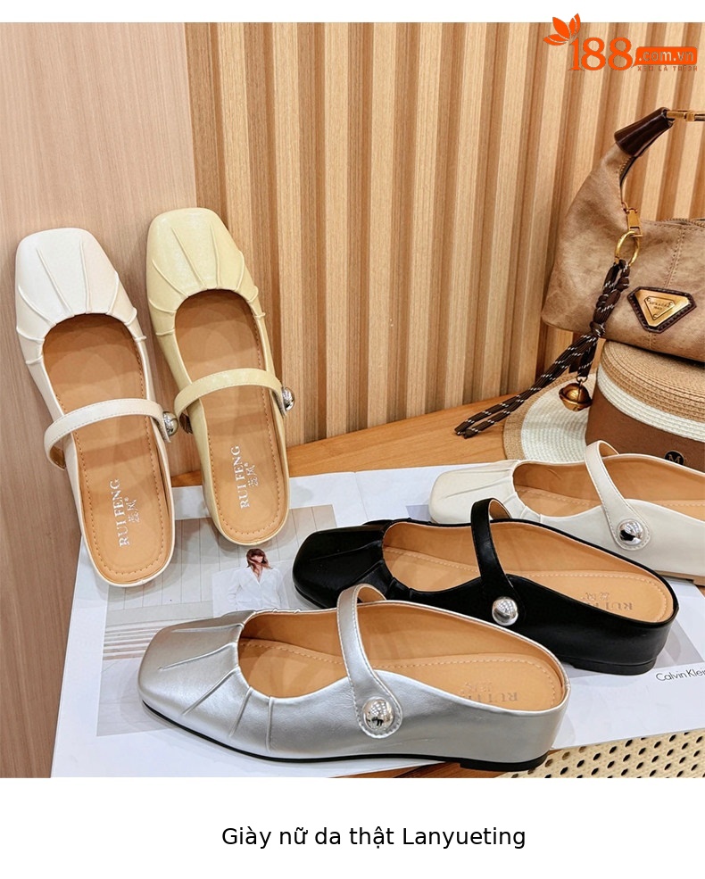 Giày mule nữ da thật mũi vuông gót thấp quai ngang hở gót — màu đen chi tiết 7