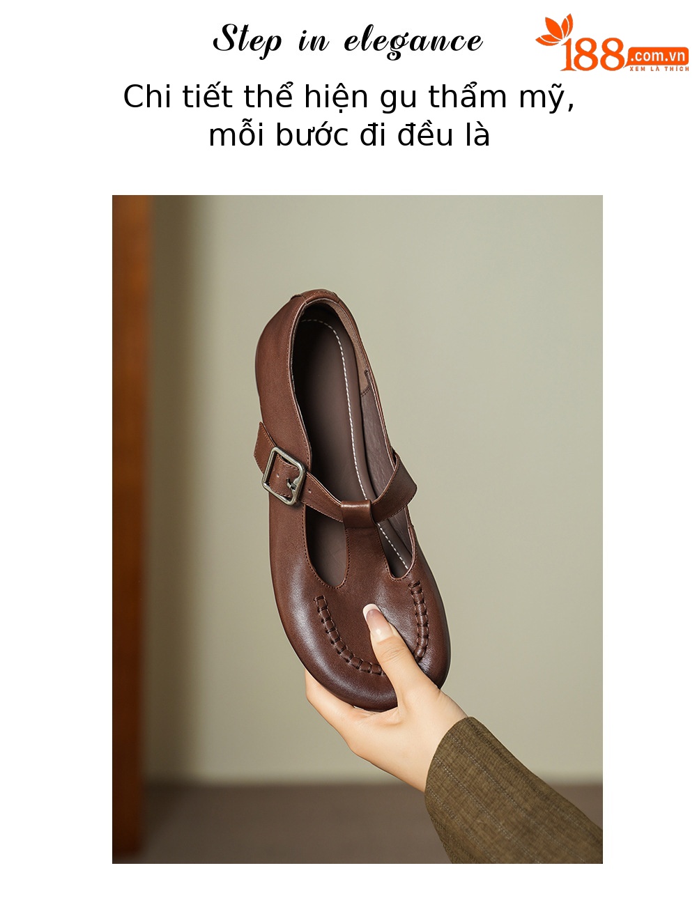 Giày Mary Jane nữ da bò thật đế bệt quai ngang khóa T — màu nâu chi tiết 1
