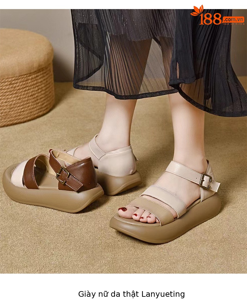 Sandal nữ hở mũi đế xuồng cao gót quai ngang phong cách La Mã — màu nâu chi tiết 7
