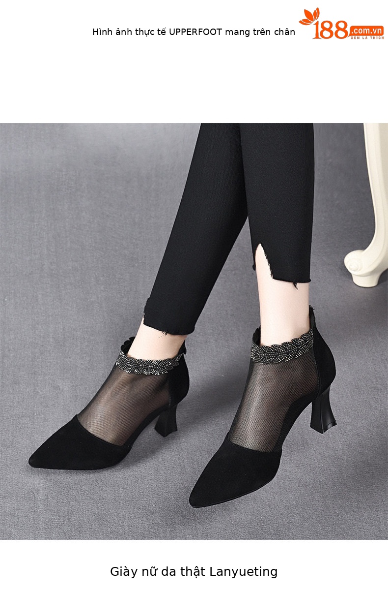 Giày sandal cao gót nữ hở mũi mũi nhọn gót nhọn 9 cm lưới thoáng khí — màu đen chi tiết 3