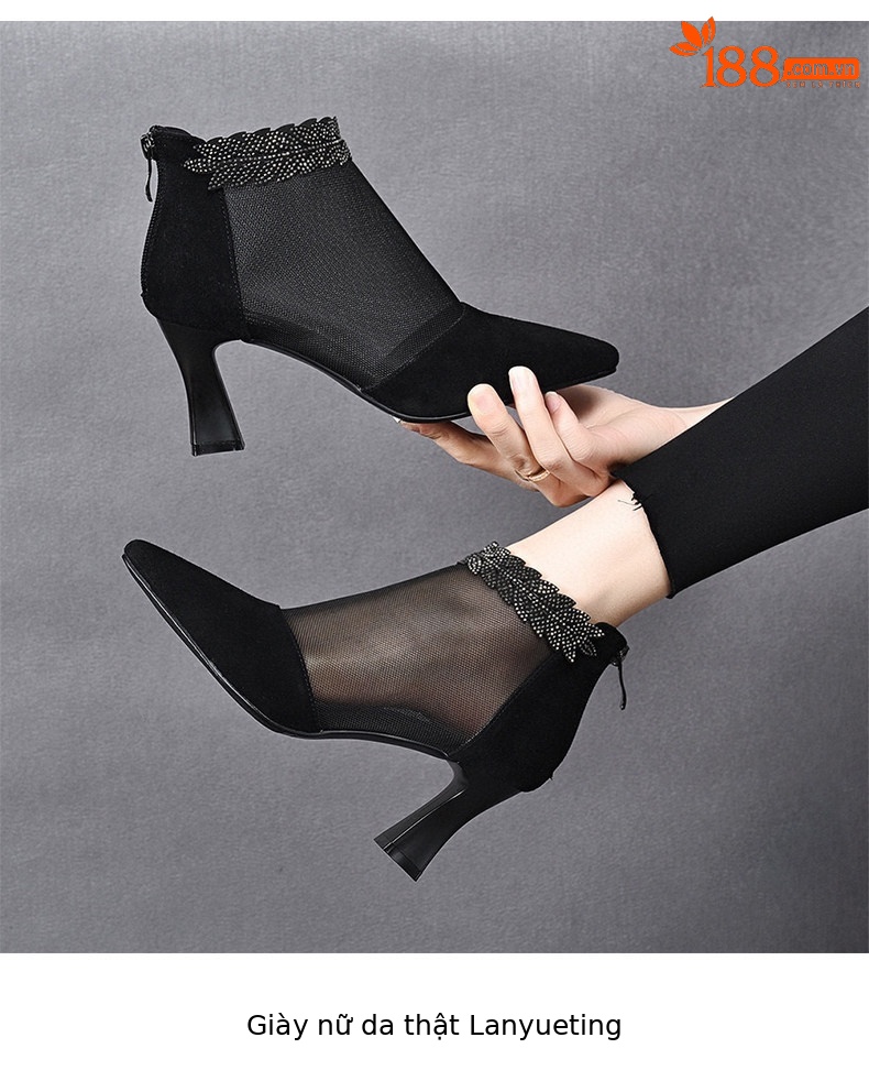 Giày sandal cao gót nữ hở mũi mũi nhọn gót nhọn 9 cm lưới thoáng khí — màu đen chi tiết 4