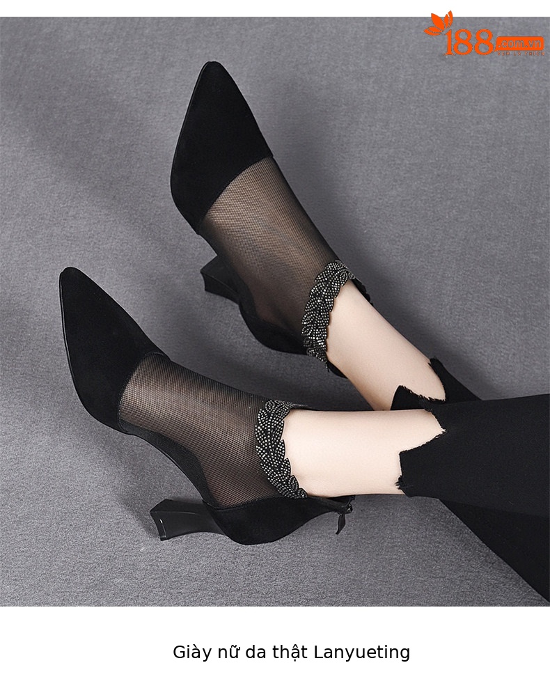 Giày sandal cao gót nữ hở mũi mũi nhọn gót nhọn 9 cm lưới thoáng khí — màu đen chi tiết 5