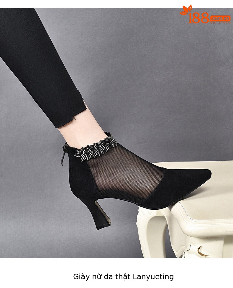 Giày sandal cao gót nữ hở mũi mũi nhọn gót nhọn 9 cm lưới thoáng khí — màu đen chi tiết 6
