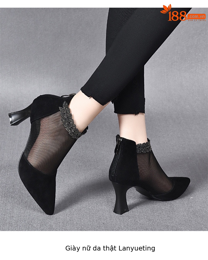 Giày sandal cao gót nữ hở mũi mũi nhọn gót nhọn 9 cm lưới thoáng khí — màu đen chi tiết 7