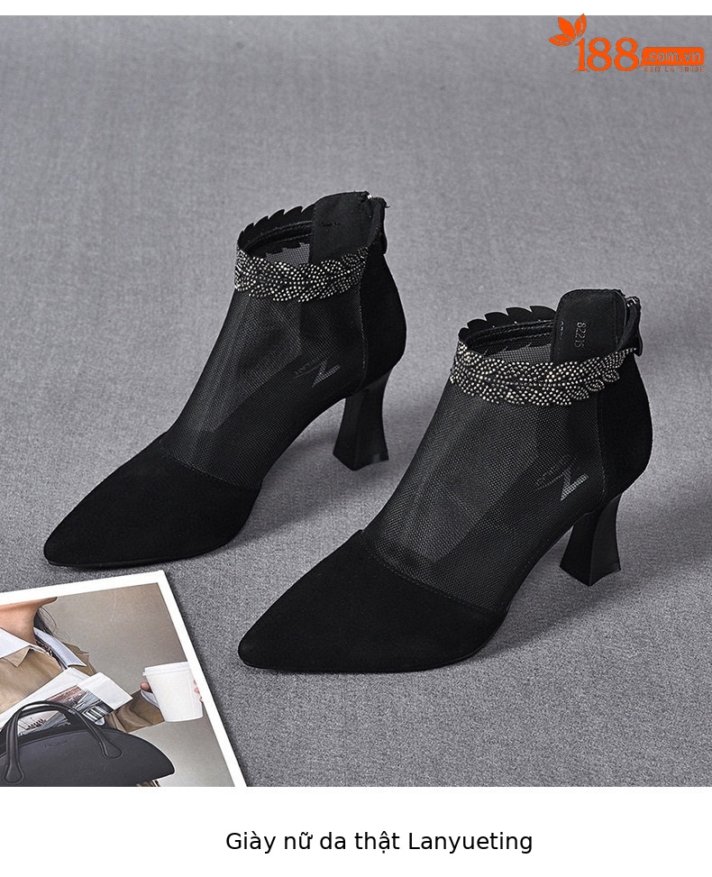 Giày sandal cao gót nữ hở mũi mũi nhọn gót nhọn 9 cm lưới thoáng khí — màu đen chi tiết 8