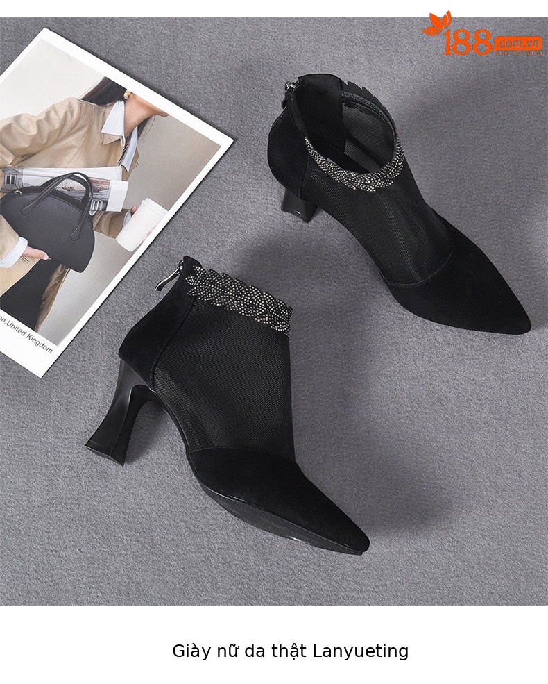 Giày sandal cao gót nữ hở mũi mũi nhọn gót nhọn 9 cm lưới thoáng khí — màu đen chi tiết 9