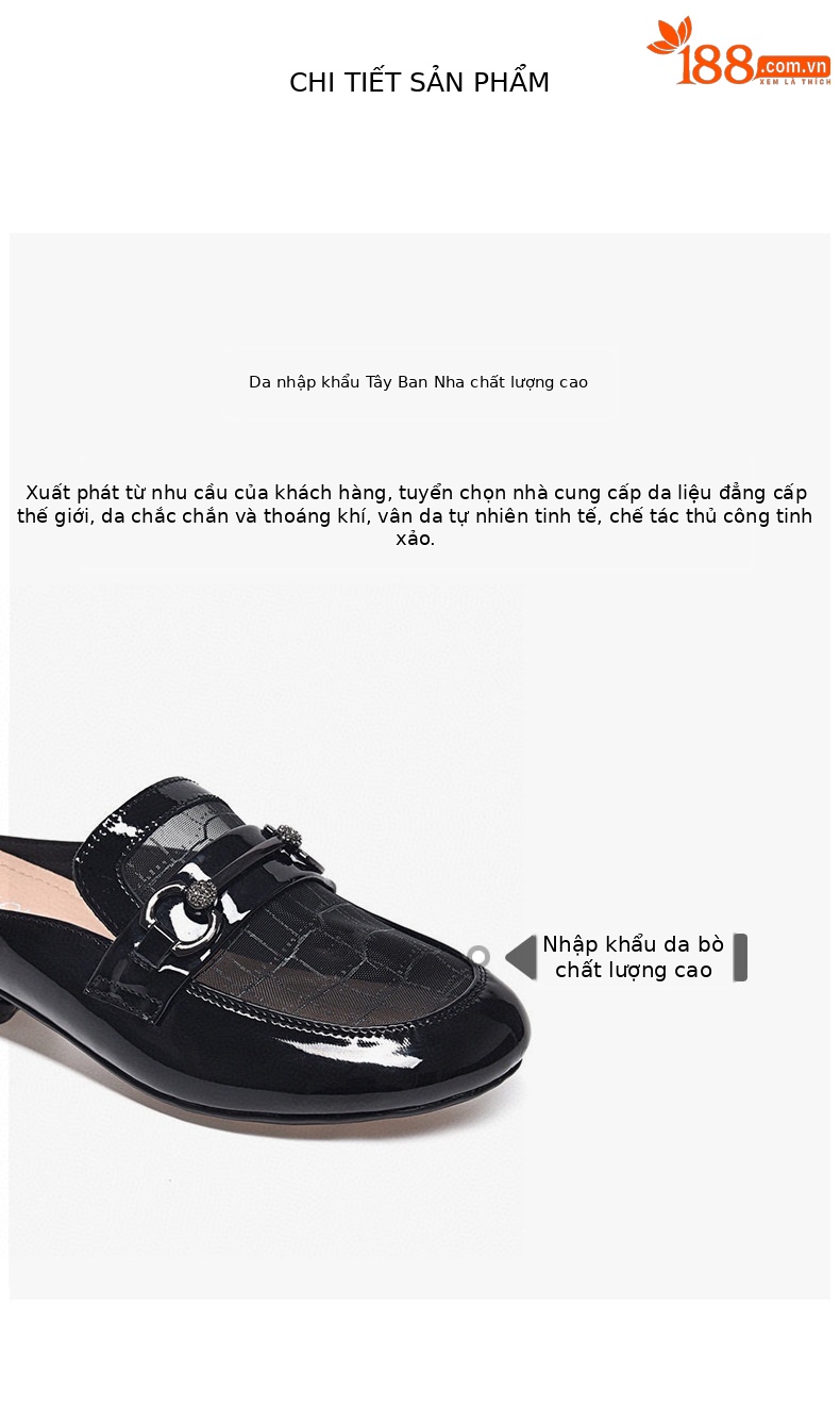 Dép sandal nữ mũi tròn da thật phong cách Anh, gót thấp 4.5 cm, quai chữ V đơn giản — Màu đen: 4.5cm chi tiết 2
