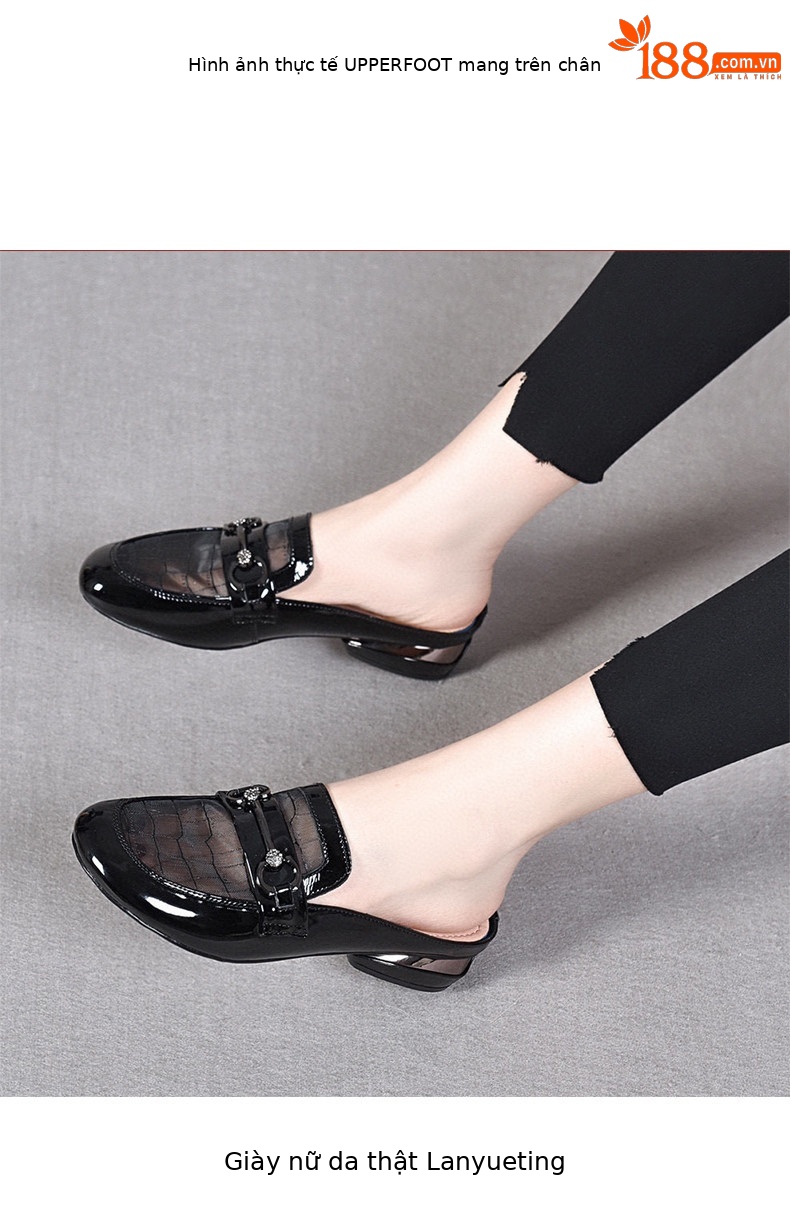 Dép sandal nữ mũi tròn da thật phong cách Anh, gót thấp 4.5 cm, quai chữ V đơn giản — Màu đen: 4.5cm chi tiết 3
