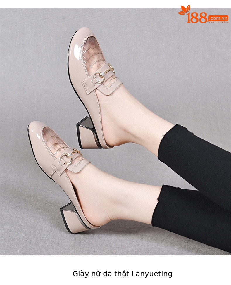 Dép sandal nữ mũi tròn da thật phong cách Anh, gót thấp 4.5 cm, quai chữ V đơn giản — Màu đen: 4.5cm chi tiết 6