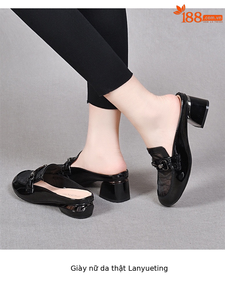Dép sandal nữ mũi tròn da thật phong cách Anh, gót thấp 4.5 cm, quai chữ V đơn giản — Màu đen: 4.5cm chi tiết 7