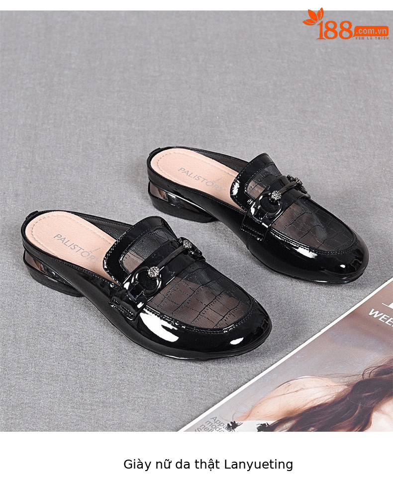 Dép sandal nữ mũi tròn da thật phong cách Anh, gót thấp 4.5 cm, quai chữ V đơn giản — Màu đen: 4.5cm chi tiết 8