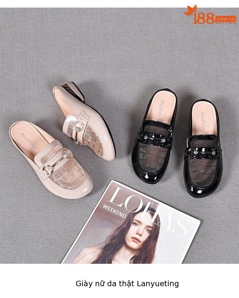 Dép sandal nữ mũi tròn da thật phong cách Anh, gót thấp 4.5 cm, quai chữ V đơn giản — Màu đen: 4.5cm chi tiết 9
