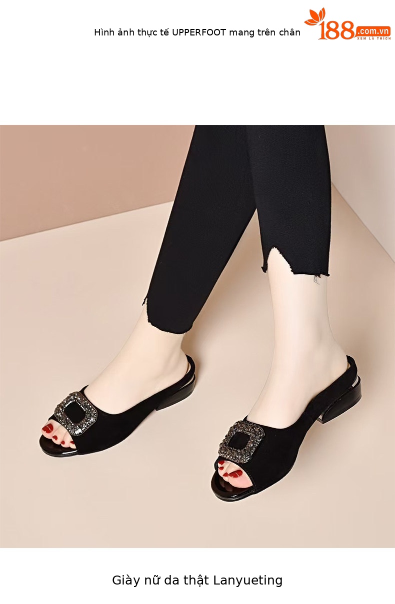 Sandal peep toe nữ gót vuông da thật, đế mềm chống trượt, gót thấp 4 cm — màu đen chi tiết 2