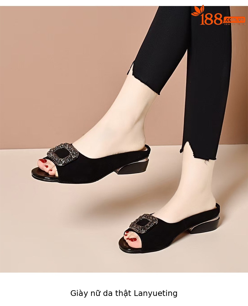 Sandal peep toe nữ gót vuông da thật, đế mềm chống trượt, gót thấp 4 cm — màu đen chi tiết 3