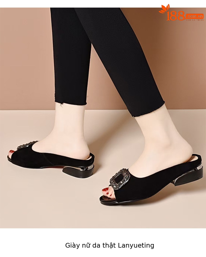 Sandal peep toe nữ gót vuông da thật, đế mềm chống trượt, gót thấp 4 cm — màu đen chi tiết 6