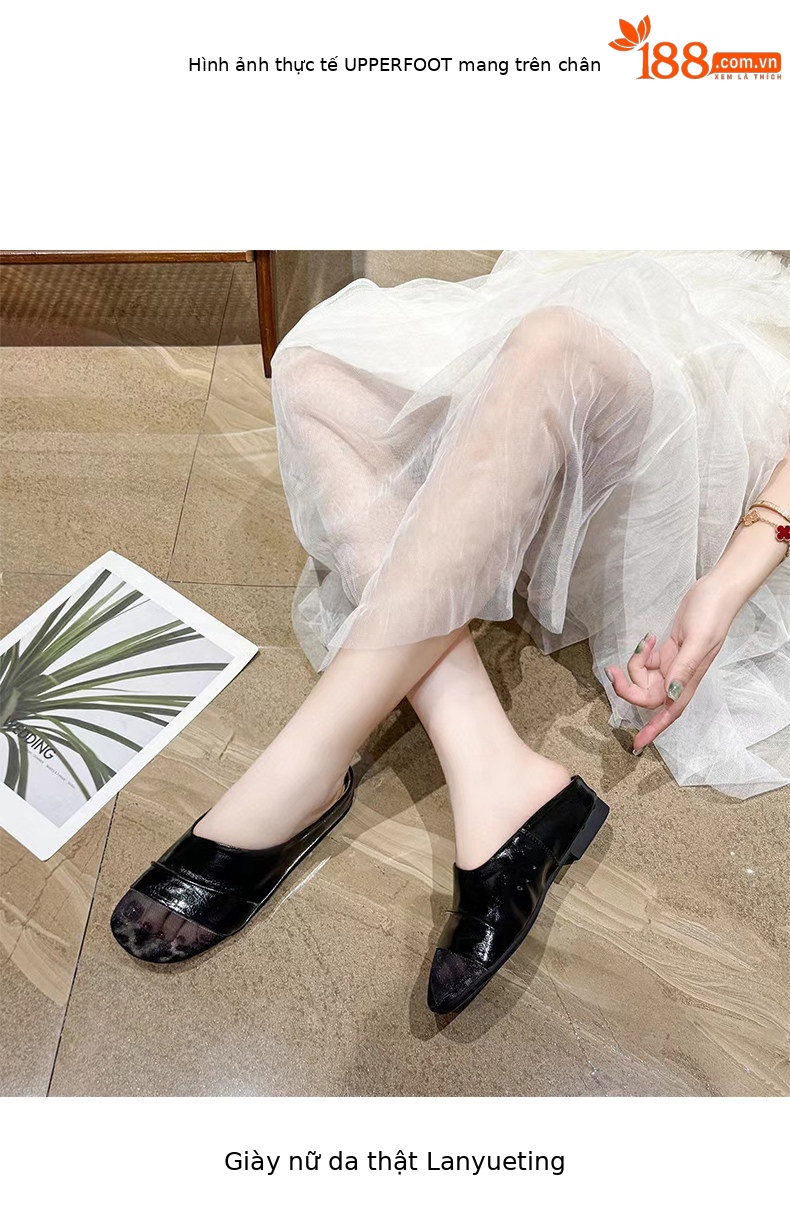 Dép sandal nữ quai chữ V bọc da lưới thoáng khí đế bệt — màu đen chi tiết 3