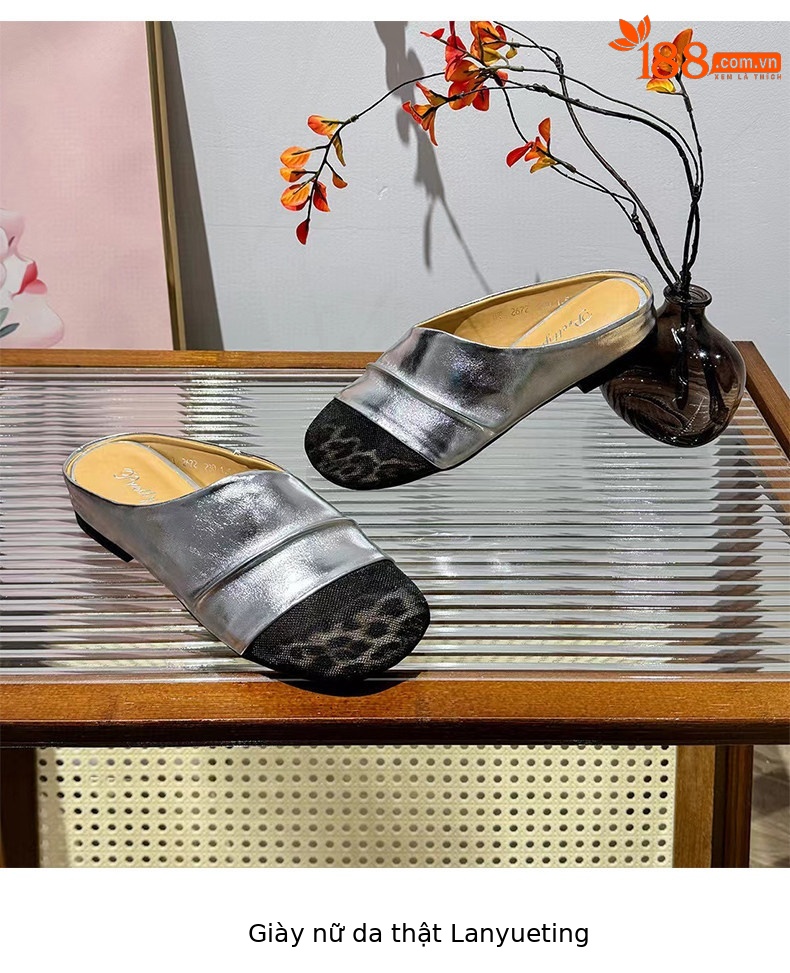 Dép sandal nữ quai chữ V bọc da lưới thoáng khí đế bệt — màu đen chi tiết 8